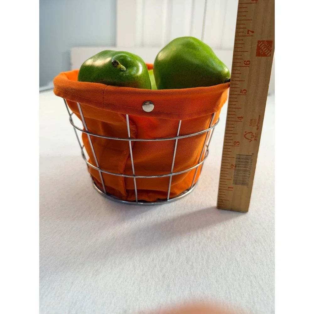 Modern Chrome Wire Basket with Orange Liner and 8 Artificial Green Pears Set